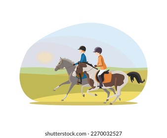 Children ride ponies in nature, vector illustration