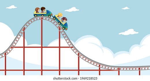 Children ride roller coaster with sky background illustration