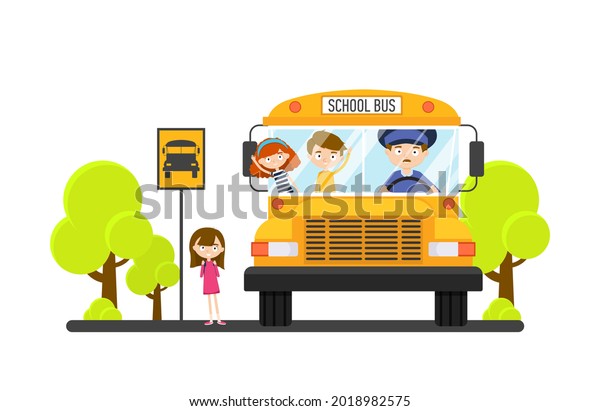 Children ride a school bus with a driver.\
Vector illustration isolated. Back to school\

