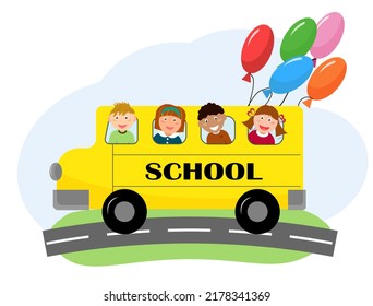Children ride the school bus. Print back to school. Vector illustration. For postcards, prints, posters and brochures, promotional materials.