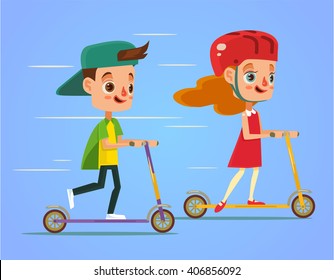 Children ride scooter. Vector flat cartoon illustration