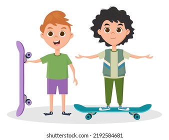 Children ride skateboards.Children have fun and play sports.Vector illustration.