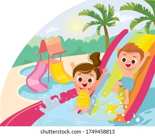 Children ride the slide in aqua park. Children swimming.