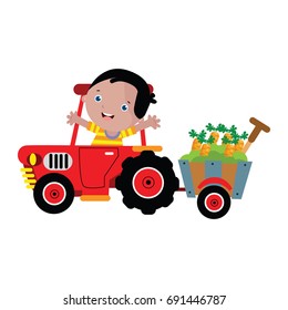 Children Ride A Tractor Cartoon Vector Illustration