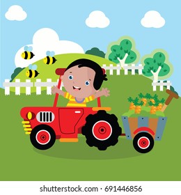 Children Ride A Tractor Cartoon Vector Illustration
