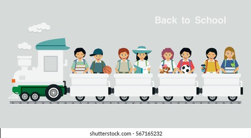 Children ride a train with text back to school as a backdrop.