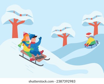 Los niños montan un tubo y se escabullen. Los niños se deslizan sobre la nieve en invierno. Vacaciones de invierno activas. Personajes vestidos de abrigo en el bosque, parque. Ilustración del vector