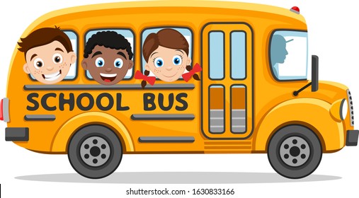 Children ride in a yellow school bus on a white. Back to school