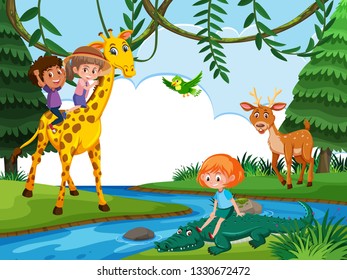 Children riding animal in nature scene illustration