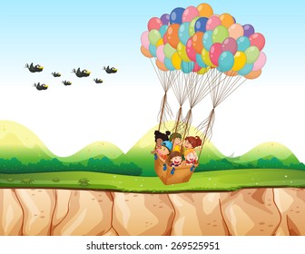 Children riding in a balloon over the cliff