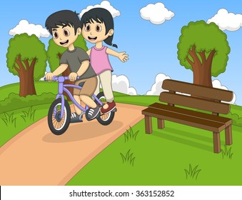 Children riding bicycle on the park cartoon vector illustration