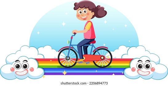 Children riding bicycle on rainbow illustration
