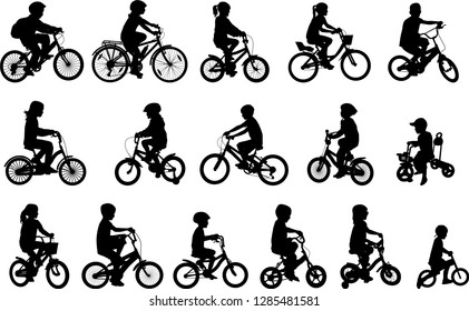 children riding bicycles silhouettes collection - vector