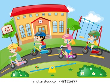 Children riding bike on the road illustration