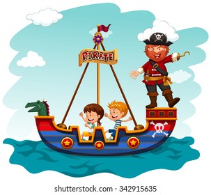 Children riding boat with pirate illustration