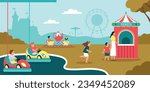 Children riding bumper cars and carousels in amusement park flat vector illustration