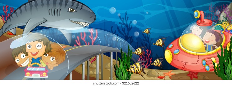 Children riding in car and submarine underwater illustration