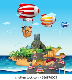 Children riding cars and balloons 