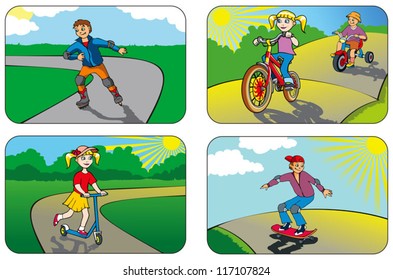 Children riding different vehicles and equipment, vector illustration