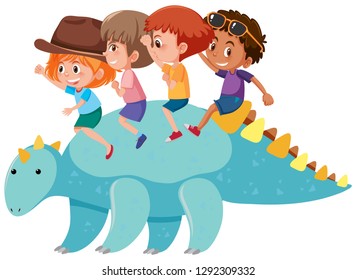 Children riding a dinosaur illustration