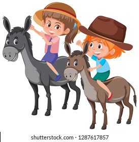 Children riding donkey on white background illustration