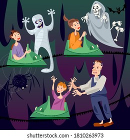 Children riding ghost train. Scary monsters. Haunted house. Vector illustration.   