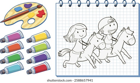 Children riding horses with art supplies nearby