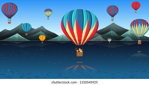 Children riding hot air balloon illustration