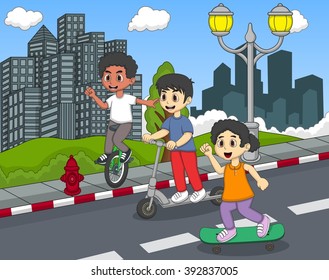 Children riding a kick scooter, skateboard and bicycle on the street cartoon vector illustration