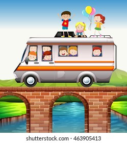 Children riding on camper van over the bridge illustration