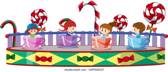 Children riding on coffee cups in circus illustration