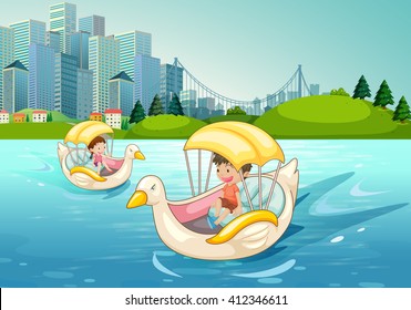 Children riding on duck boat in the lake illustration