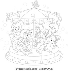 Children riding on a funny carousel