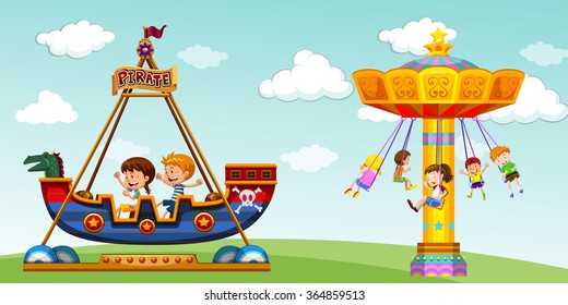 Children riding on pirate ship and swing illustration