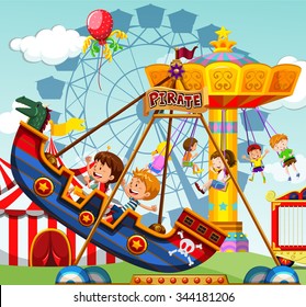 Children riding on rides at the funfair illustration