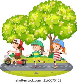 Niños montando patines en la ilustración del parque