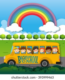 Children riding on school bus illustration
