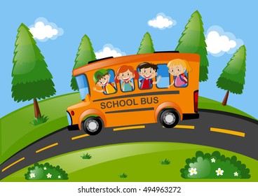 Children riding on school bus in the park illustration