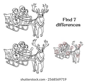 Children riding on a sleigh pulled by a reindeer. Find 7 differences. Tasks for children. Vector illustration