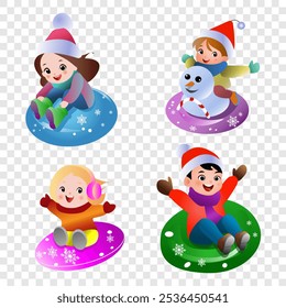 Children riding on a snow slide vector set