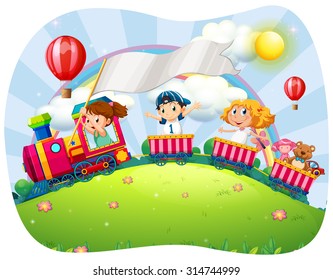 Children riding on train at daytime illustration