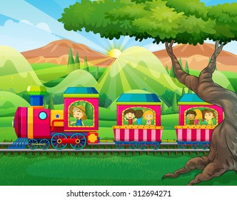 Children riding on the train illustration