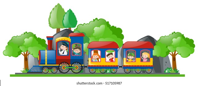 Children riding on train illustration