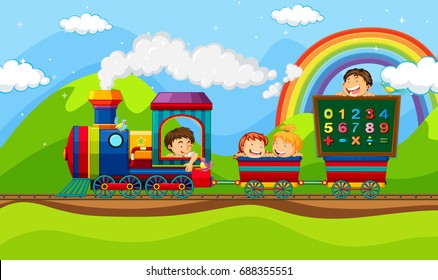 Children riding on train illustration