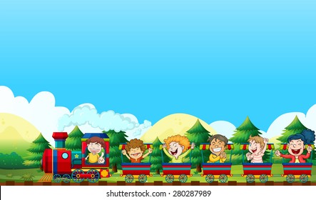 Children riding on a train in the park