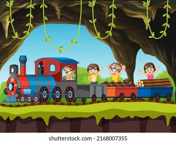 Children riding on train through the cave illustration