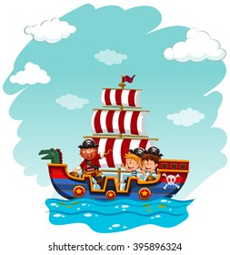 Children riding on viking boat illustration