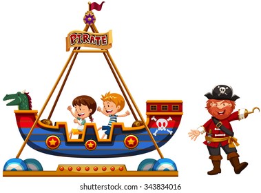 Children riding on viking ride with pirate illustration