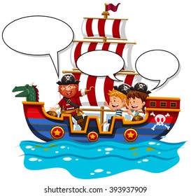 Children riding on viking ship illustration