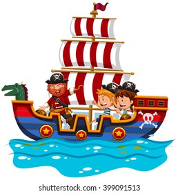 Children riding on viking ship at sea illustration